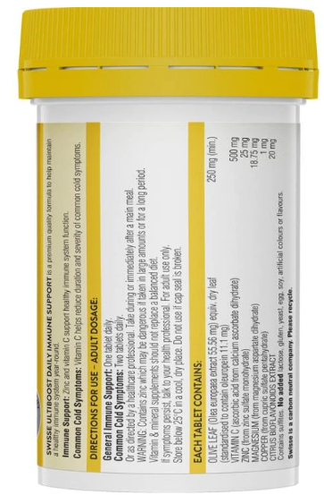 Swisse Daily Immune Support 60 Tablets/Vit C Zinc Swisse Australia