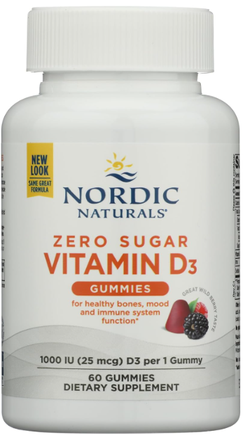 Bottle of Nordic Naturals Zero Sugar Vitamin D3 Gummies on a white background