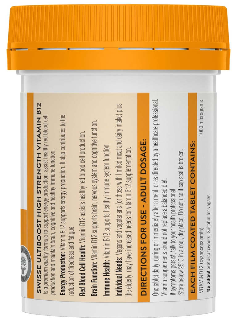 Swisse Ultiboost Vitamin B12 60 Tablets/Energy & Vitality Support/Nerve & Muscle Health/Red Blood Cell
