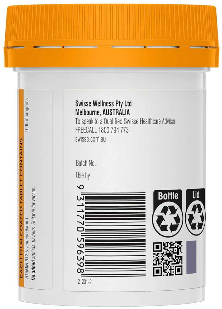 Swisse Ultiboost Vitamin B12 60 Tablets/Energy & Vitality Support/Nerve & Muscle Health/Red Blood Cell