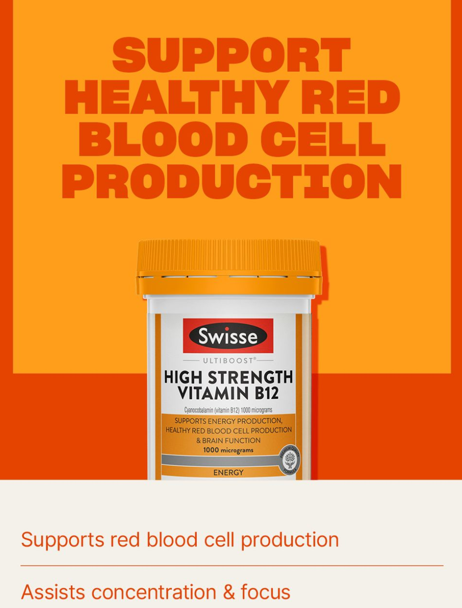 Swisse Ultiboost Vitamin B12 60 Tablets/Energy & Vitality Support/Nerve & Muscle Health/Red Blood Cell