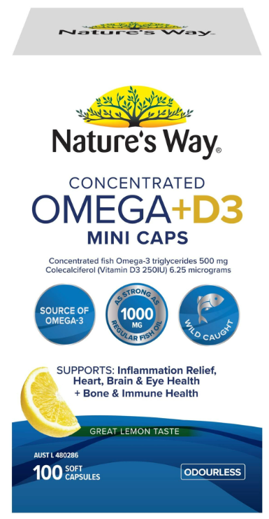 Nature's Way Omega + D3 Mini Capsules 1000mg/Suplemen Fish Oil Vitamin D3