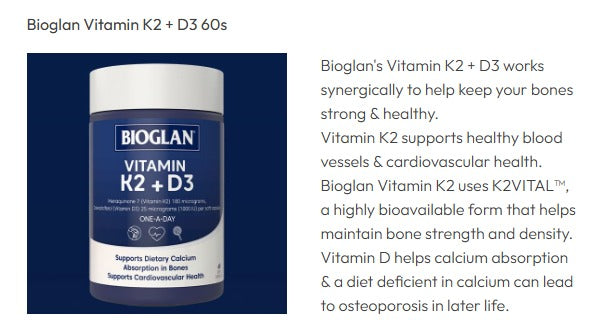 Bioglan Vitamin K2 + D3 60 Capsules/Vitamin D3 1000 dan K2180mg