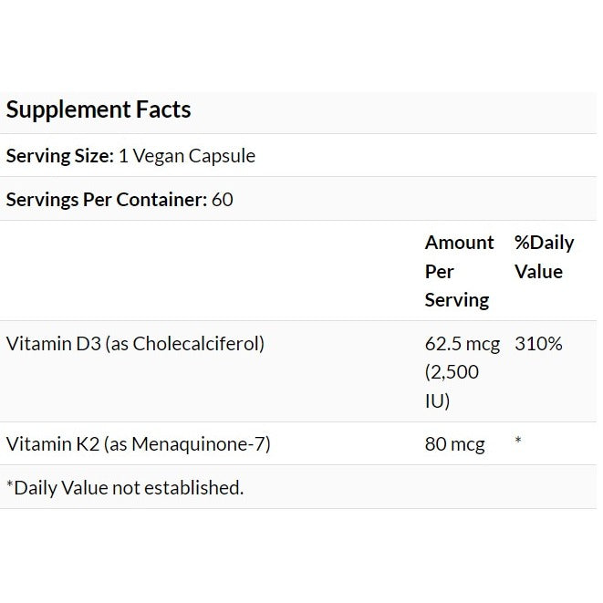 MRM Nutrition, Vegan Vitamin D3K2, 60 Vegan Capsules/D3 2500 K2 80mcg/Non GMO