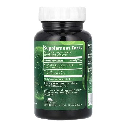 MRM Nutrition, Vegan Vitamin D3K2, 60 Vegan Capsules/D3 2500 K2 80mcg/Non GMO