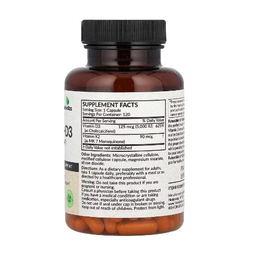 FUTUREBIOTICS Vitamin D3 5000 k2 90 mcg isi 120 kapsul/ Vitamin D 5000 IU dan K2/Kesehatan Tulang Otot Sendi Kardiovaksular/Immune