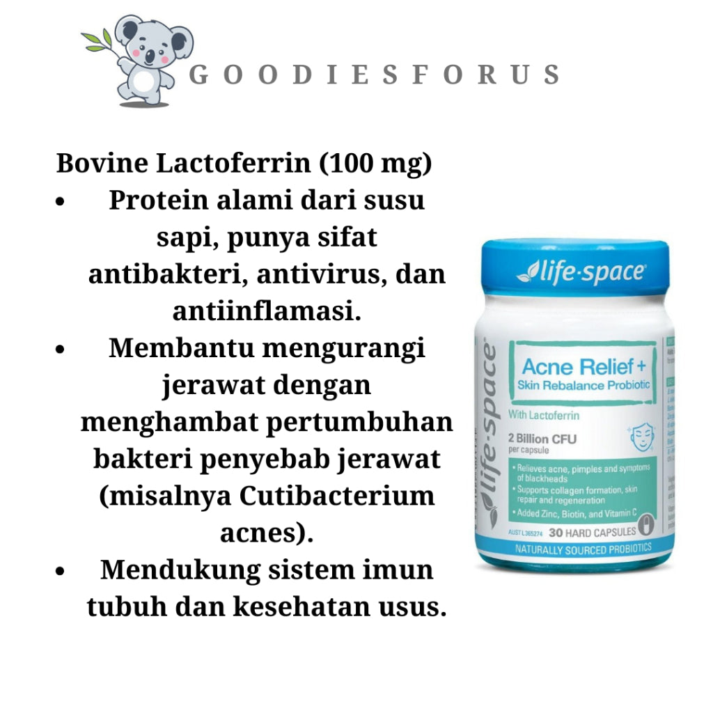 Life-Space Acne Relief + Skin Rebalance Probiotic 30 Capsules/Vitamin Kesehatan Kulit dan Jerawat/Vegetarian Kapsul