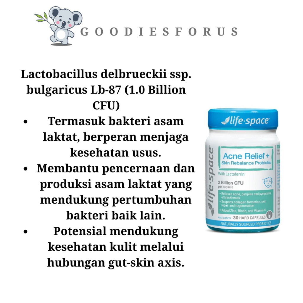 Life-Space Acne Relief + Skin Rebalance Probiotic 30 Capsules/Vitamin Kesehatan Kulit dan Jerawat/Vegetarian Kapsul