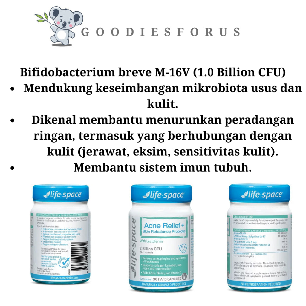 Life-Space Acne Relief + Skin Rebalance Probiotic 30 Capsules/Vitamin Kesehatan Kulit dan Jerawat/Vegetarian Kapsul