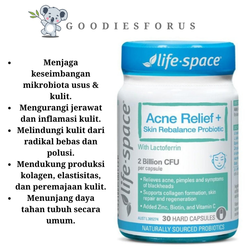 Life-Space Acne Relief + Skin Rebalance Probiotic 30 Capsules/Vitamin Kesehatan Kulit dan Jerawat/Vegetarian Kapsul