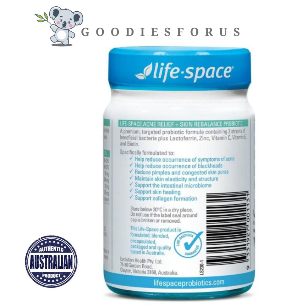 Life-Space Acne Relief + Skin Rebalance Probiotic 30 Capsules/Vitamin Kesehatan Kulit dan Jerawat/Vegetarian Kapsul