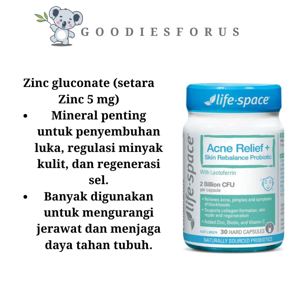Life-Space Acne Relief + Skin Rebalance Probiotic 30 Capsules/Vitamin Kesehatan Kulit dan Jerawat/Vegetarian Kapsul