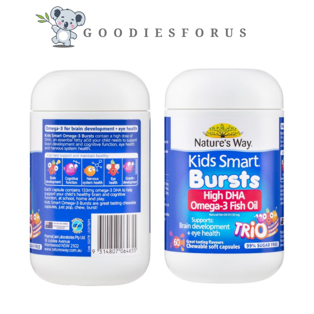 Nature's Way Kids Omega-3 Fish Oil Smart Trio 60 pack/Vitamin Otak Mata  Sistem Saraf Anak