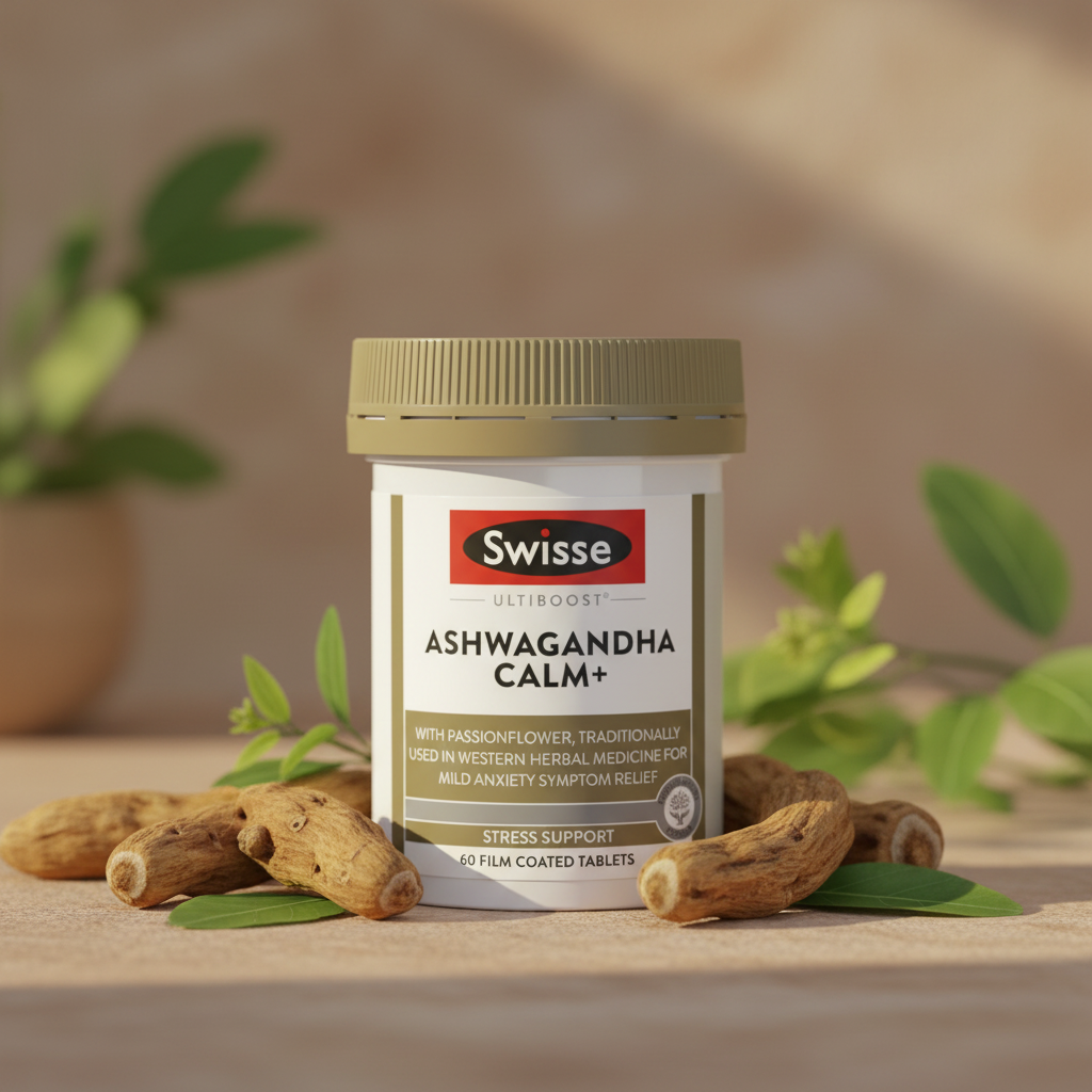 Swisse Ultiboost Ashwagandha Calm+ - Natural Background Square